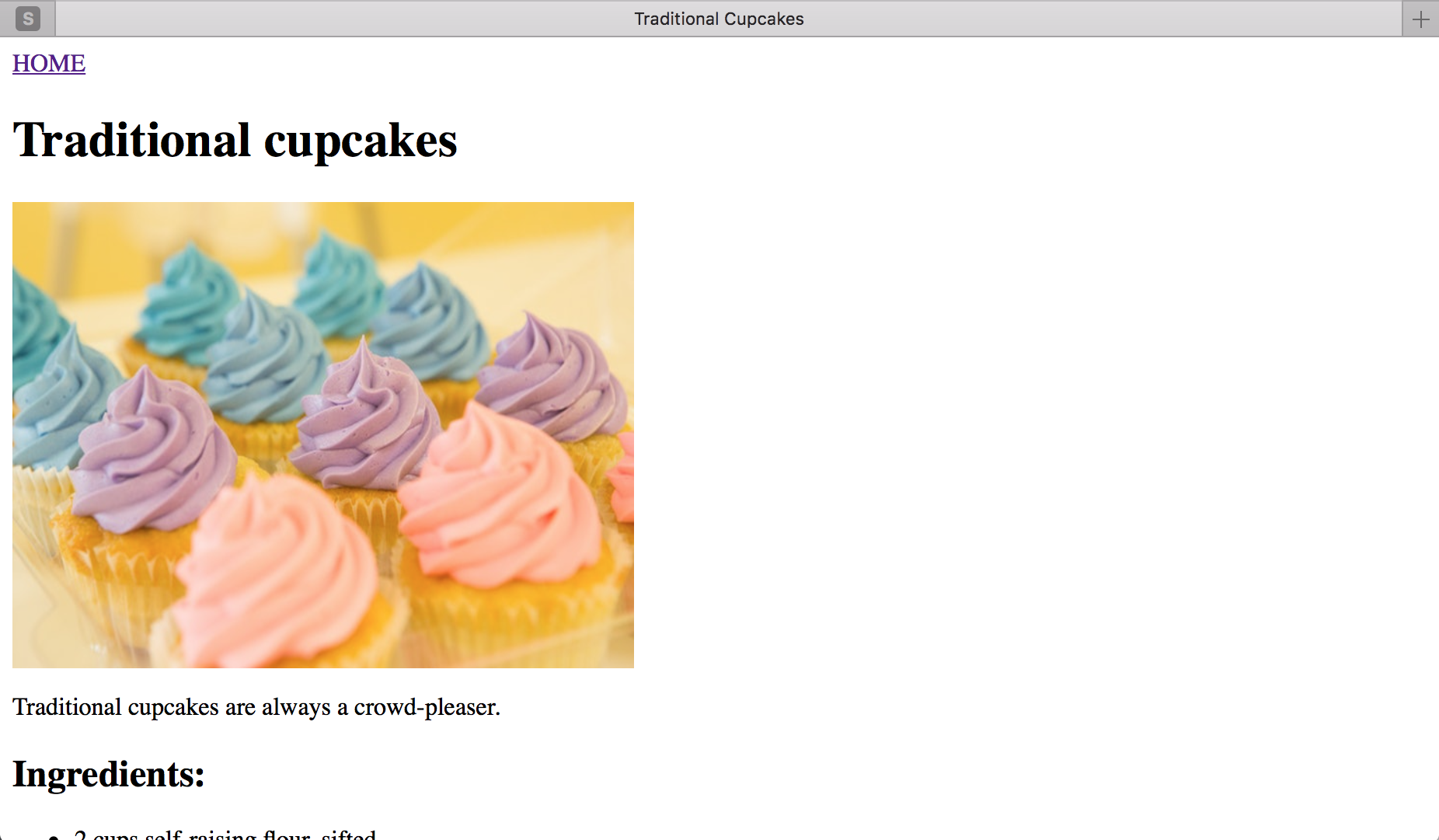 The cupcakes page with an image